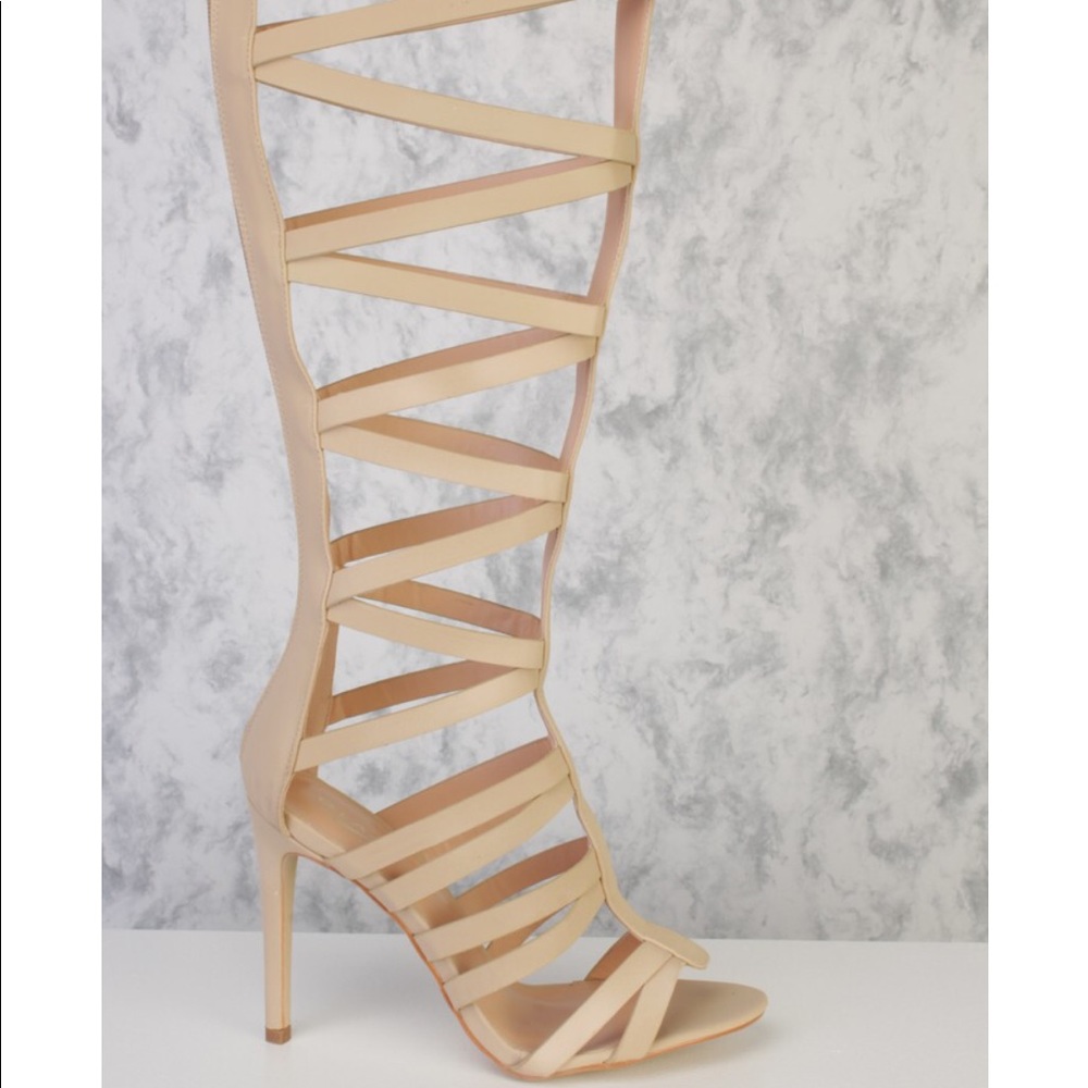 Nude T-strap strappy peep toe heels boots
